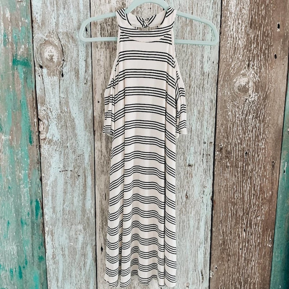 Black & White Striped Cold Shoulder Dress | Peach Love California